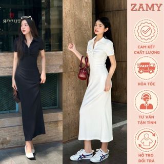 Váy đầm nữ, đầm body nữ cổ sơ mi dúm ngực dáng dài chất thun gân Zamy thiết kế đi chơi, đi tiệc hai màu đen - trắng