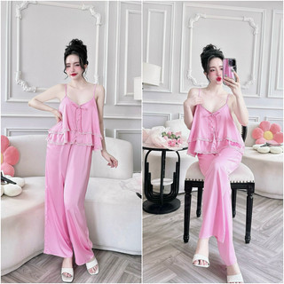Đồ bộ mặc nhà 2 dây quần dài đồ ngủ nữ lụa latin phối bèo cao cấp chất liệu mềm mại thoáng mát.