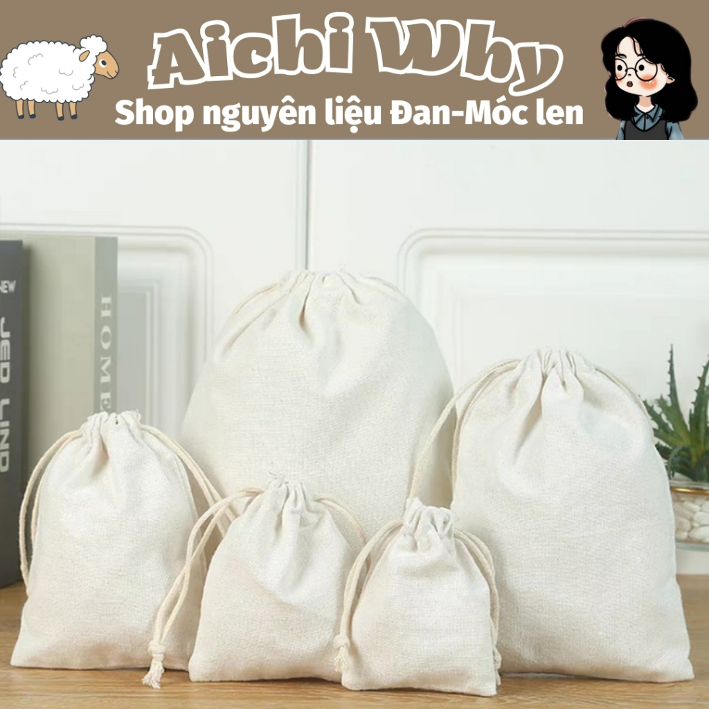 Túi vải canvas,lót túi vải m có dây rút màu kem đậm đựng phụ kiện, cà phê, trang sức tiện lợi