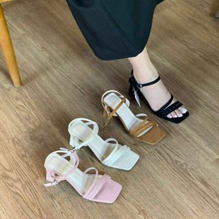 Jenmi - giày cao gót sandal da lộn 7cm đế vuông 3 dây mảnh êm chân