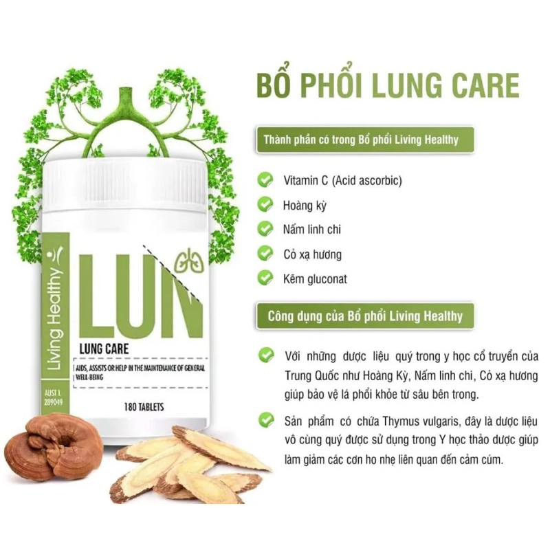 [ ❗️5 hộp giá sỉ DATE 03/25] Viên thải độc phổi, phục hồi sau dịch, nấm linh chi Living Healthy Lung Care 180 viên Úc