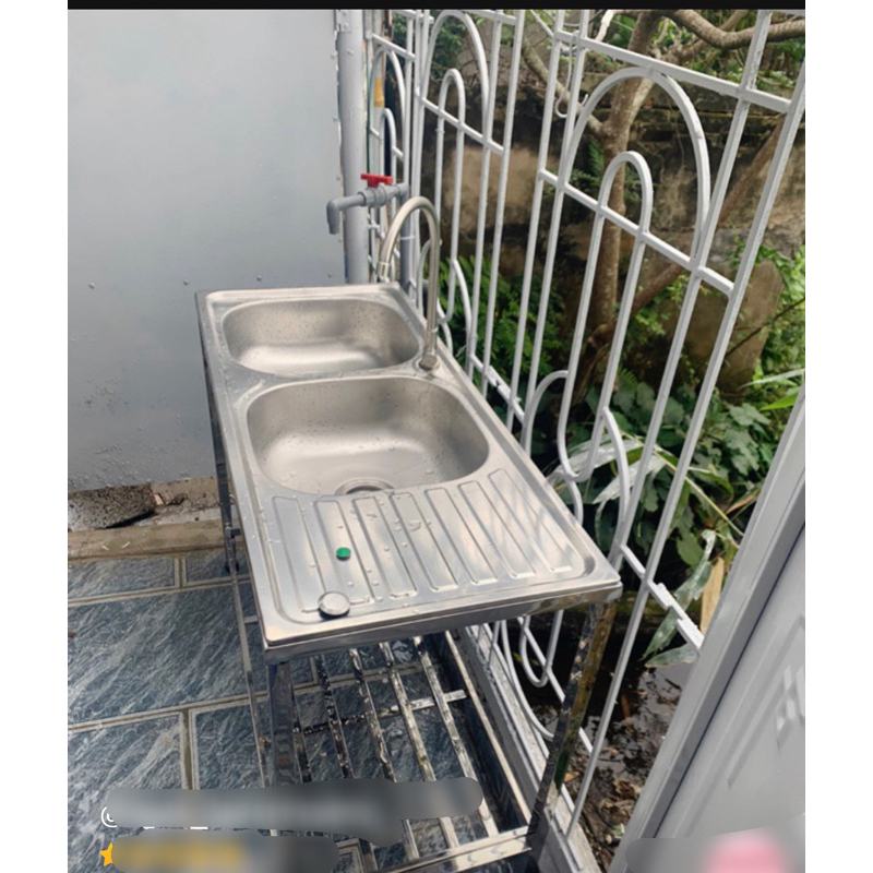 Thanh lý : Chậu Bồn rửa chén bát có chân Inox SUS 304. 2 ngăn lớn có bàn chờ 1m mét ( 105-48-20 cm) 