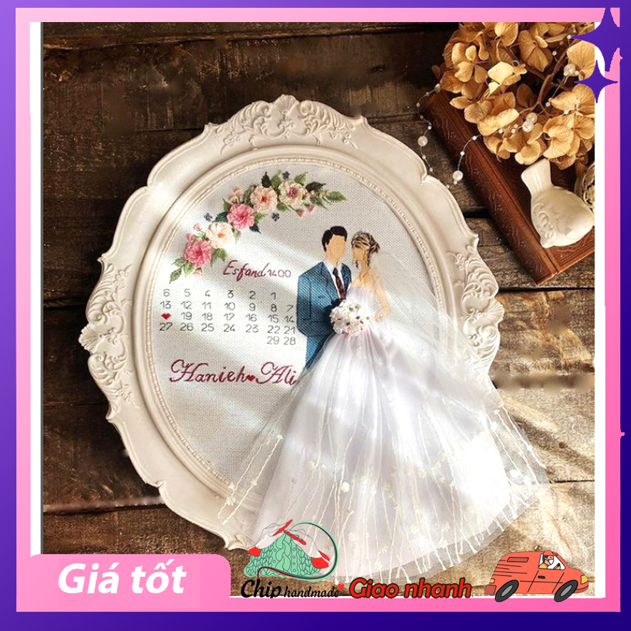 Diy bộ KIT kỉ niệm ngày cưới vintage thêu tay KÈM KHUNG Quà Tặng ĐÁM CƯỚI handmade decor tiệc kỷ niệ