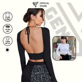  Áo hở lưng nữ tay dài cổ cột dây GenY áo croptop ôm body tôn dáng chất vải cotton mềm mại ADT07