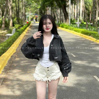  áo khoác jean nữ tay phồng bo chun  áo jean nữ croptop  áo khoác nữ chất jean dạng lửng PLA300 - PHUONG LYNH SHOP 