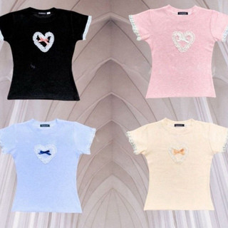  ÁO THUN BABY TEE CROPTOP  KIỂU VIỀN REN TRÁI TIM MỘNG MƠ ĐÍNH NƠ SIÊU SANG TRỌNG BUN222 