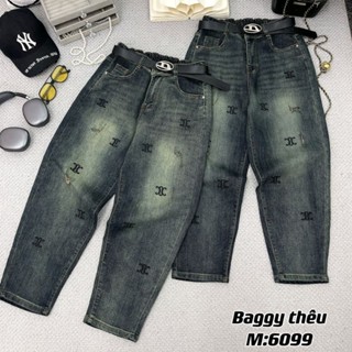 Quần jean nữ bigsize 60-95kg thêu chữ, quần bò nữ dáng baggy tôn dáng che khuyết điểm mông đùi, cạp cao lưng thun sau