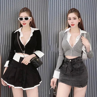 Áo sơmi tay dài cổ bẻ phối màu cài nút phom croptop chất thun tăm co dãn freesize dưới 53kg