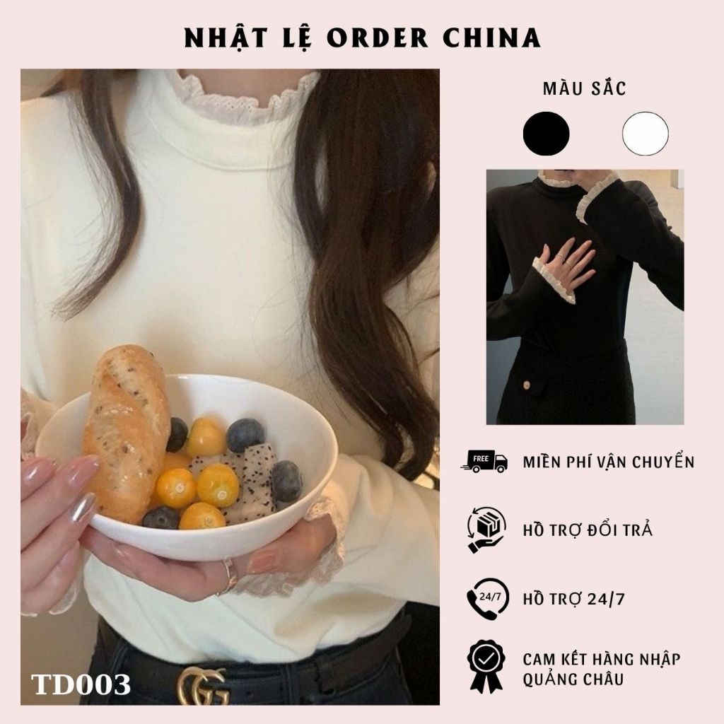 [Có Sẵn] Áo giữ nhiệt thun cổ và tay mix ren thiết kế mới thời trang theo phong cách Nhật Bản dành c