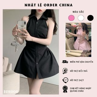 Đầm váy sơmi polo dáng chữ A cổ yếm không tay 3 màu đen , hồng , trắng hàng QC cao cấp- HH008