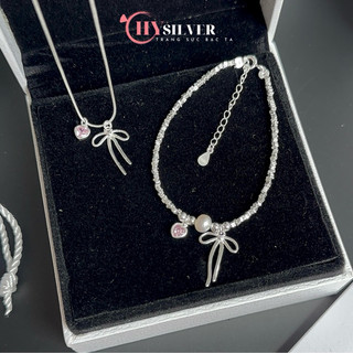 Set trang sức bạc nữ CHY SILVER dây chuyền lắc tay tim hồng hạt vỡ bạc thật