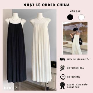 Váy 2 dây dáng xuông cổ tròn , đầm xếp li 2 màu cơ bản phong cách hàn quốc váy maxi bầu bí bon chen hàng QC cc- HH012
