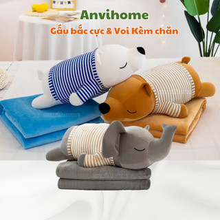  Chăn gối văn phòng hình Gấu bắc cực gấu lười hà mã voi thỏ chó mặc áo kẻ sọc kèm chăn ANVIHOME 