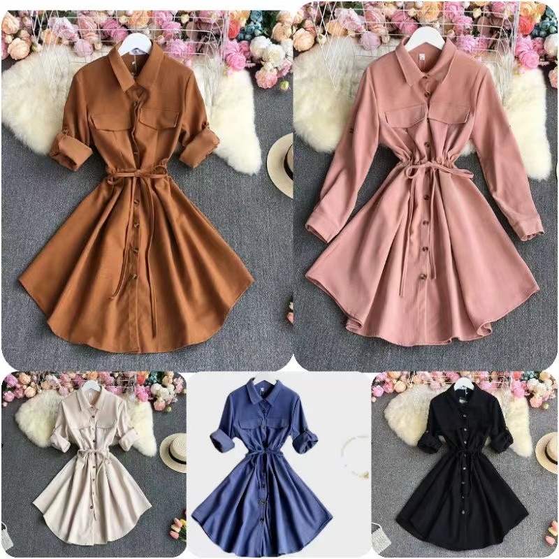 Phiên bản Hàn Quốc thời trang Polo Plain Dress Casual tay áo dài bên tiệc cocktail đầm