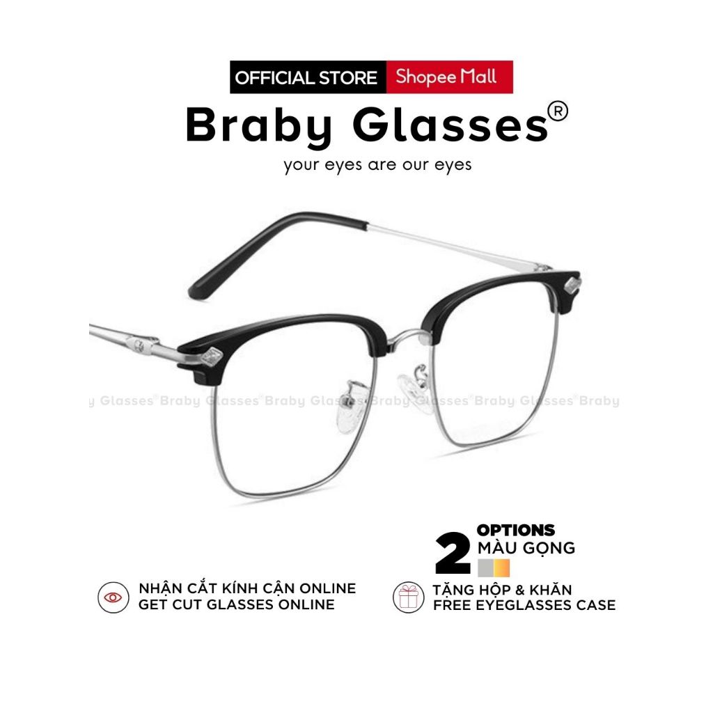 Gọng kính cận nửa gọng vuông nam nữ Braby Glasses chất liệu kim loại gọng mảnh họa tiết sang trọng thời thượng MK01A