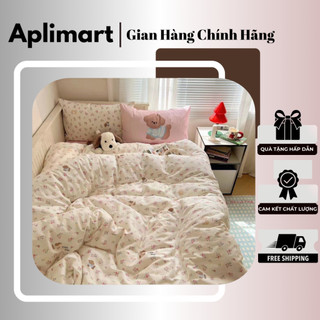 Bộ chăn ga gối cotton living - 100% cotton họa tiết hoa xanh xinh xắn , bộ vỏ chăn , ga giường , vỏ gối