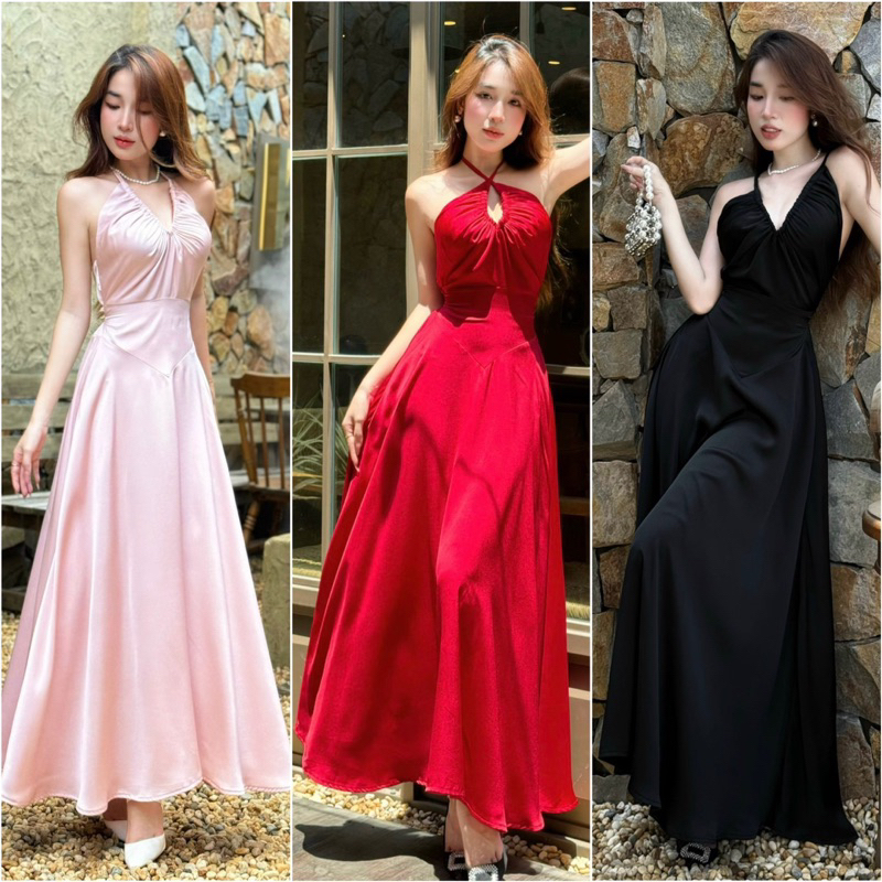 Đầm Lụa Cổ V Yếm Dây Rút Xoè