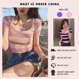 Áo croptop , áo ngắn tay cổ vuông phối màu ngọt ngào dáng ngắn phong cách Hàn Quốc thời trang nữ cá tính  hàng QC- HH015