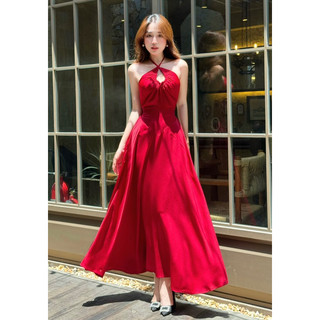 Đầm Lụa Cổ V Yếm Dây Rút Xoè