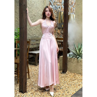 Đầm Lụa Cổ V Yếm Dây Rút Xoè