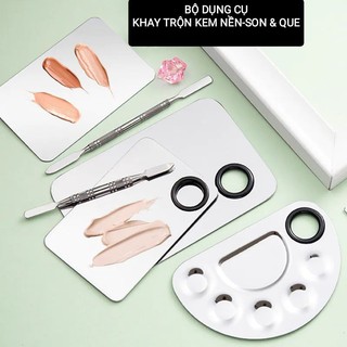 Khay trộn kem nền màu son kèm que trộn chất liệu inox