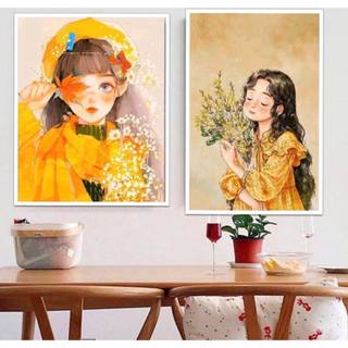Tranh thêu kín Cô gái Nhỏ Yêu Hoa - tranh chưa thêu