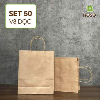 [Set50] Túi giấy kraft dọc V8 nâu, trắng có quai nâu đựng quần áo, túi giấy xi măng shop thời trang