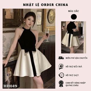 Đầm cổ yếm ôm đuôi xoè phối nơ đen sang chảnh , váy đi tiệc cho nữ hàng QC cao cấp- HH049
