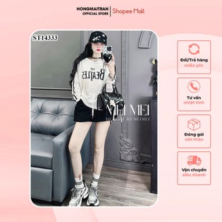Set đồ nữ áo phông dài tay mix váy đen sọc trắng trẻ trung cá tính HONG MAI TRAN ST14333
