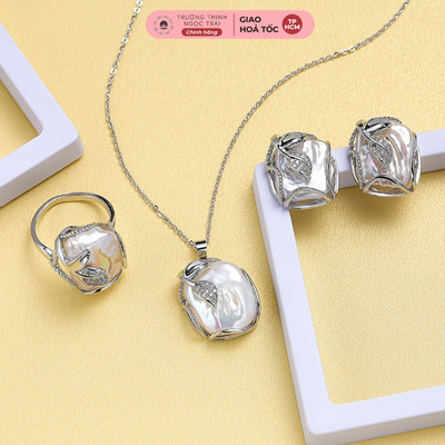 Bộ Trang Sức Ngọc Trai Dị Hình Vuông Màu Trắng Gồm Dây Chuyền, Bông Tai, Nhẫn - Ngọc Trai Trường Thịnh