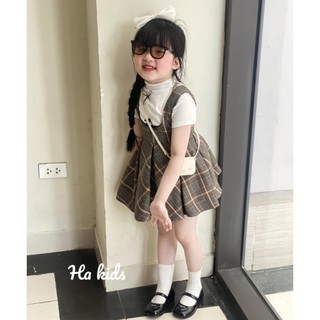 Sét váy yếm kẻ kèm áo tăm nơ xinh xinh cho bé gái