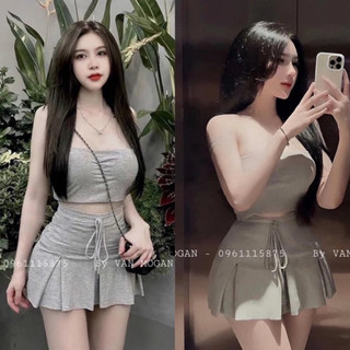 Set Bộ Xám Áo Dây Trong Croptop Sẵn Mút + Chân Váy Xếp Ly To Có Lót Quần