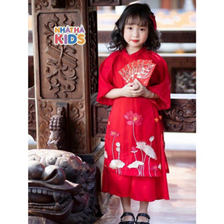  Áo dài cách tân cho bé gái NHẬT HÀ thêu hoa sen mặc tết cực xinh size đại từ 10-45kg 