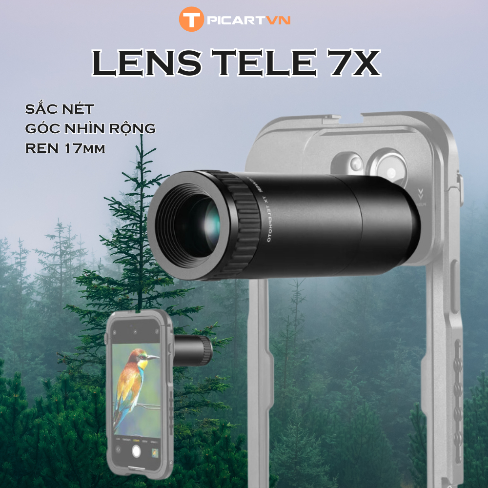 Lens, ống kính telephoto 7x T PICARTVN dành cho điện thoại có ren ống kính 17mm, chất lượng sắc nét