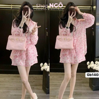  Set bộ thời trang nữ thiết kế hoạ tiết hoa văn chất voan CC màu hồng áo sơ mi tay dài  bo gấu quần đùi 1 màu sang chảnh 