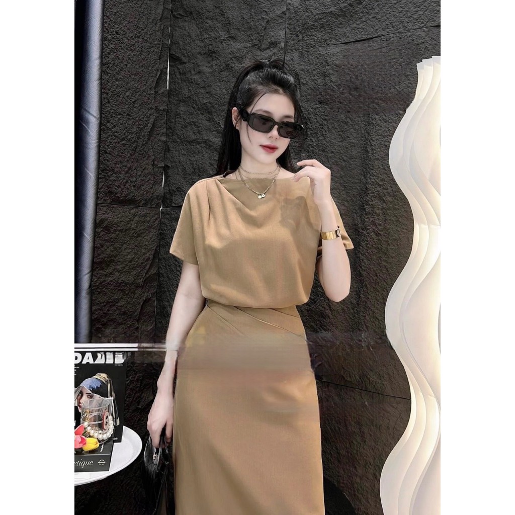 Set áo váy nâu Quảng Châu thiết kế tay hến siêu xinh, Set đồ nữ công sở vintage trẻ trung | BigBuy360 - bigbuy360.vn