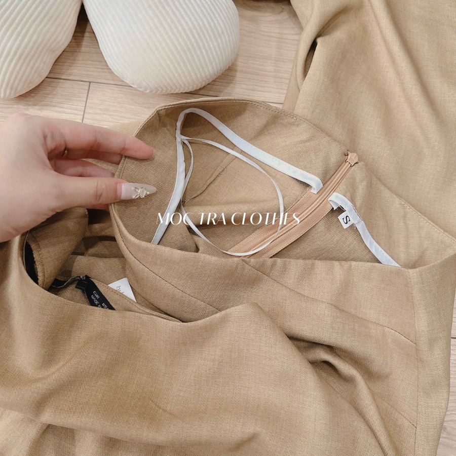 Set áo váy nâu Quảng Châu thiết kế tay hến siêu xinh, Set đồ nữ công sở vintage trẻ trung | BigBuy360 - bigbuy360.vn