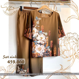 Sét bộ lụa trung niên cao cấp hoa văn hoạ tiết sang trọng Bigsize quần dài 90cm