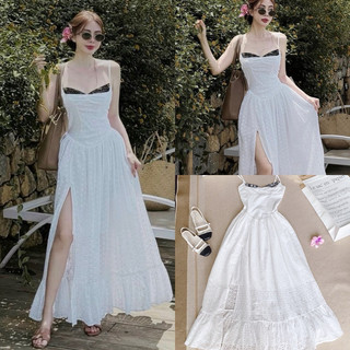 ĐẦM MIDI TRẮNG REN HOA 2S ĐAN DÂY LƯNG