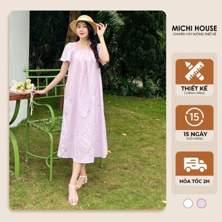 Đầm Suông Michi House Váy Xuông Maxi Đi Biển Tay Cánh Tiên Thêu Hoa Freesize V716