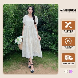 Đầm Suông MICHI House Váy Xuông Đi Biển Cổ V Tay Bồng Dáng Dài Freesize V717
