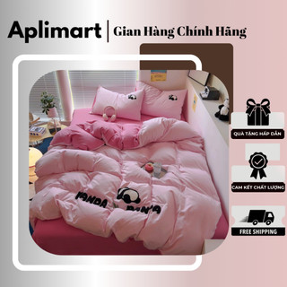 Bộ chăn ga cotton đũi chú gấu panda set 4 món