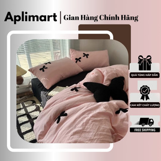 Bộ chăn ga gối cotton đũi hàn thêu nơ - bsp : 1ga / 1 vỏ chăn / 2 vỏ gối nằm