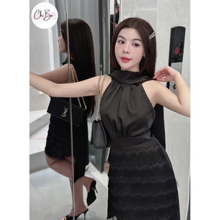 Đầm thiết kế body lụa 2 da cổ yếm dây phối lông - Chị Ba Boutique