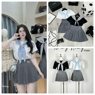 Set áo phối vạt kẻ thuỷ thủ mix cv dập ly hot hit Áo cotton khô phối kẻ thô đũi Hot trend