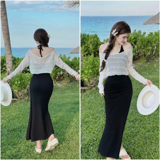 Đầm đuôi cá cổ yếm kèm áo lưới tiểu thư nữ tính