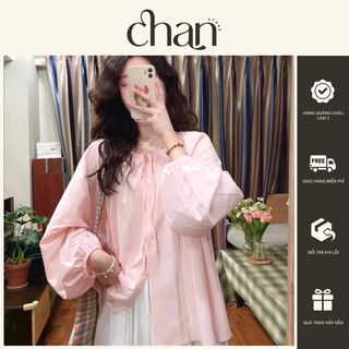 Áo sơ mi cổ tròn tay phồng màu hồng pastel phong cách hàn quốc M210