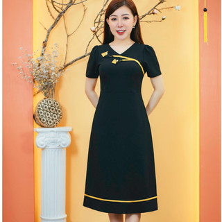 Đầm form A trung niên Cổ tim kết hoa tay ngắn Màu Đen TTV Store thời trang Nữ TTV1559