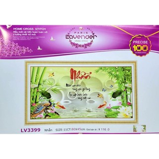 Tranh thêu thư pháp chữ nhẫn hoa sen LV3399 - kích thước: 80 * 45cm. (TRANH CHƯA LÀM)
