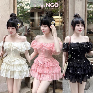 Set váy nữ  đi chơi biển VIDEO THẬTchất đũi tơ hoa trễ vai bèo tầng phối chân váy tầng 3 màu bánh bèo siêu xinh chất đẹp